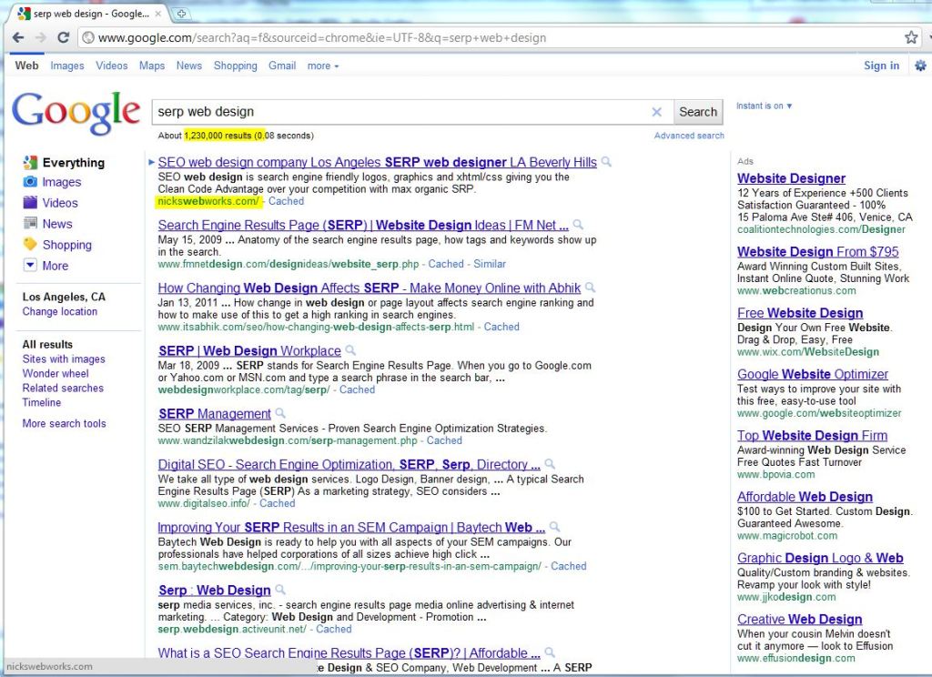 #1 in Google for "serp web design" NicksWebWorks.com screen shot proof
